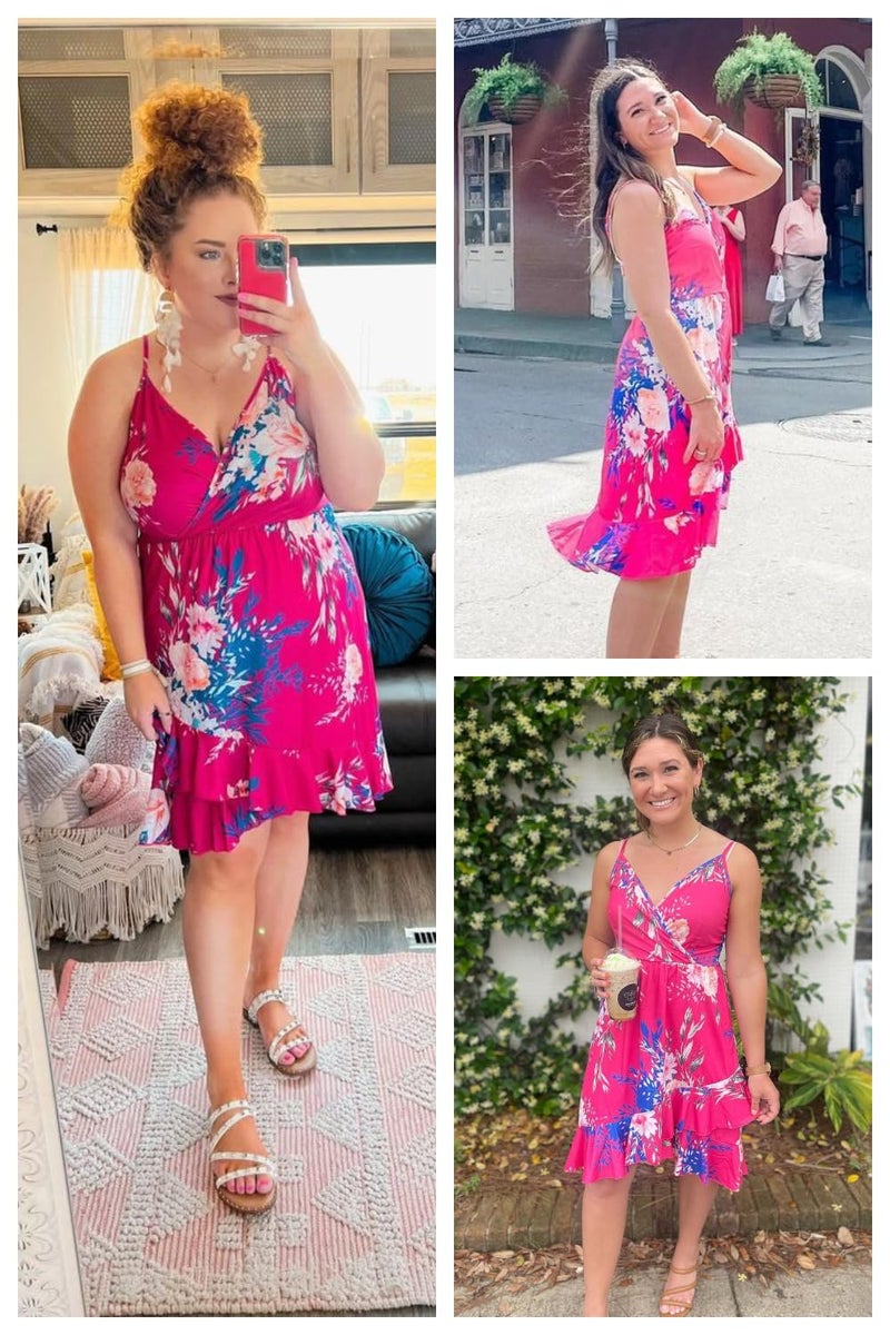 ULTRANICE Summer Dress Women Spring Casual Sundress Floral Trendy Flowy Wrap Beach Vacation Outfits Clothes Midi V-Neck Spaghetti Strap Ruffle Hem Dresses(Rose Red Pink Blue Floral,L) - Image 4